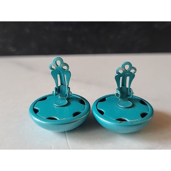 Enamel Aqua Dome Clip-on Earrings Vintage - Picture 10 of 10